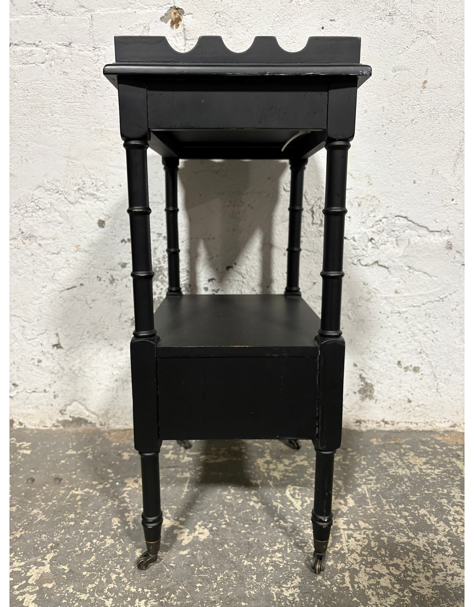 Black Two-Tier Wood Side Table on Wheels