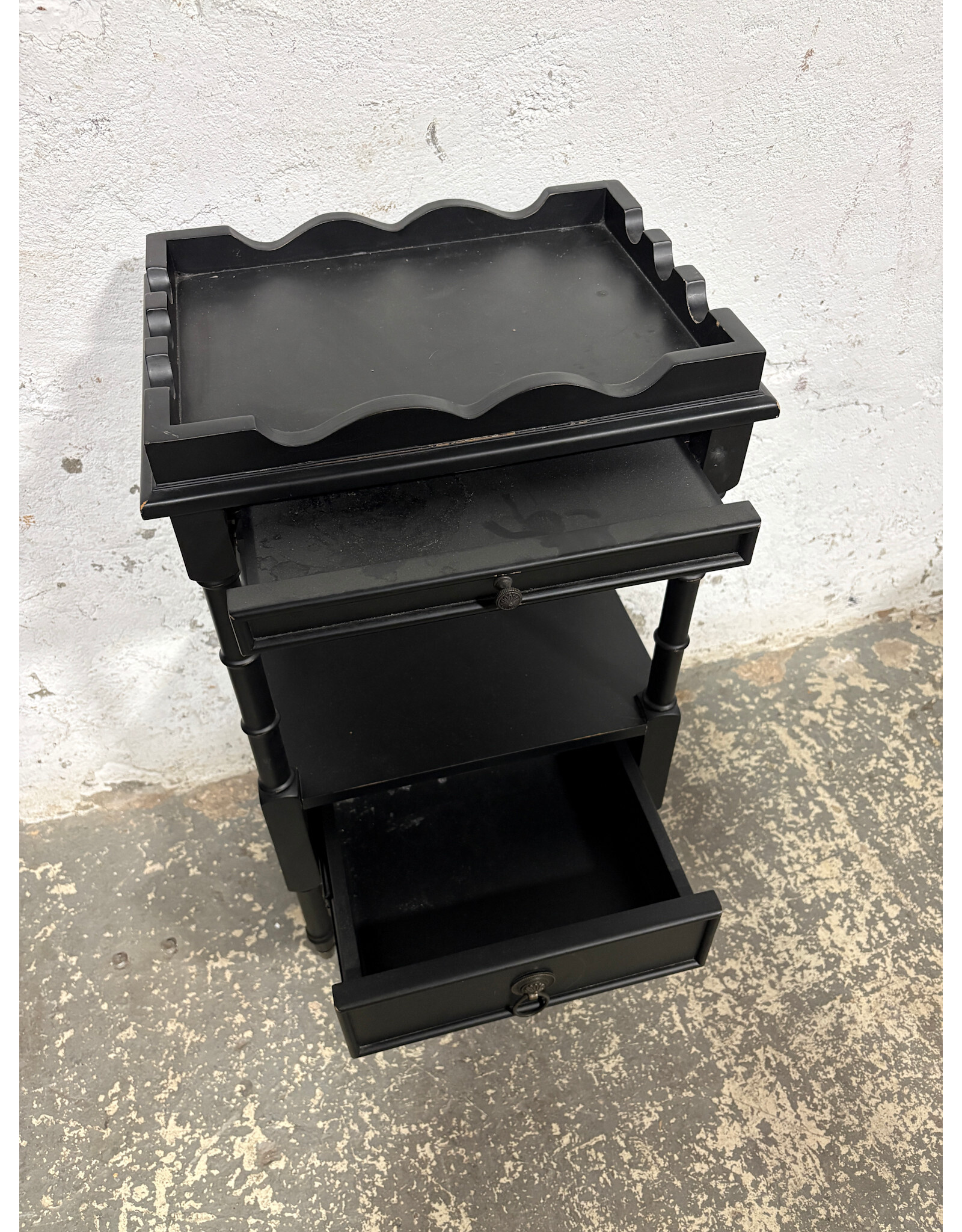 Black Two-Tier Wood Side Table on Wheels