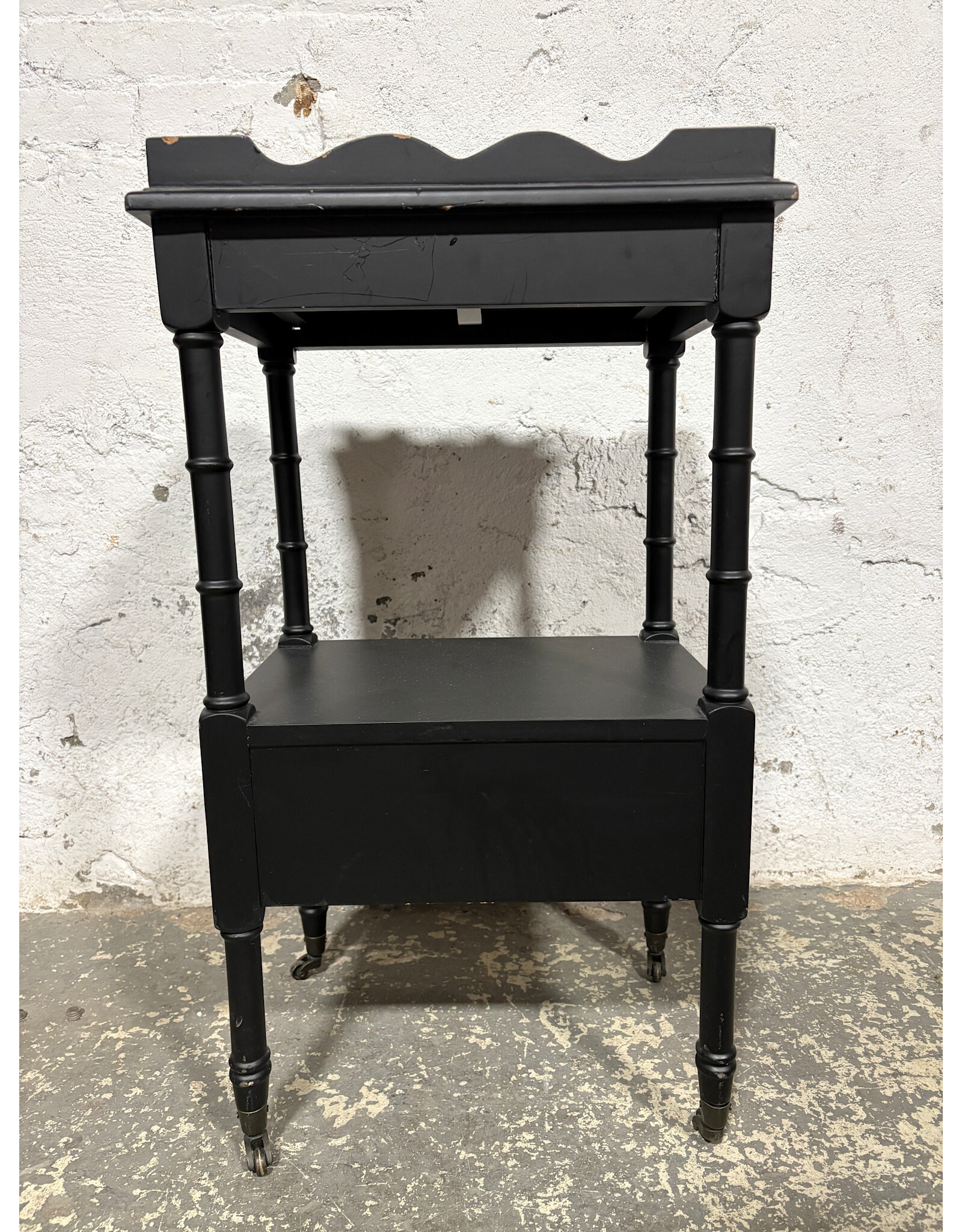 Black Two-Tier Wood Side Table on Wheels