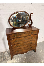 Bow Front Banded Inlaid Crotch Mahogany 4-Drawer Chest of Drawers with Mirror, Original Brasses