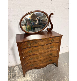 Bow Front Banded Inlaid Crotch Mahogany 4-Drawer Chest of Drawers with Mirror, Original Brasses
