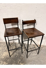 Industrial Style Dark Wood Seat & Backrest, Metal Base Bar Stool