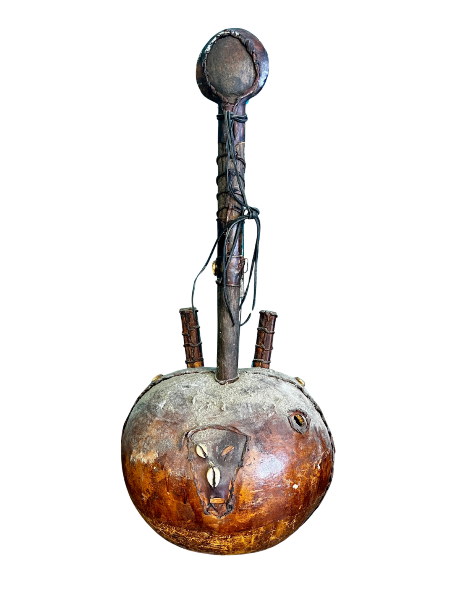 Vintage African String Instrument made of gourd, wood, shell, skin