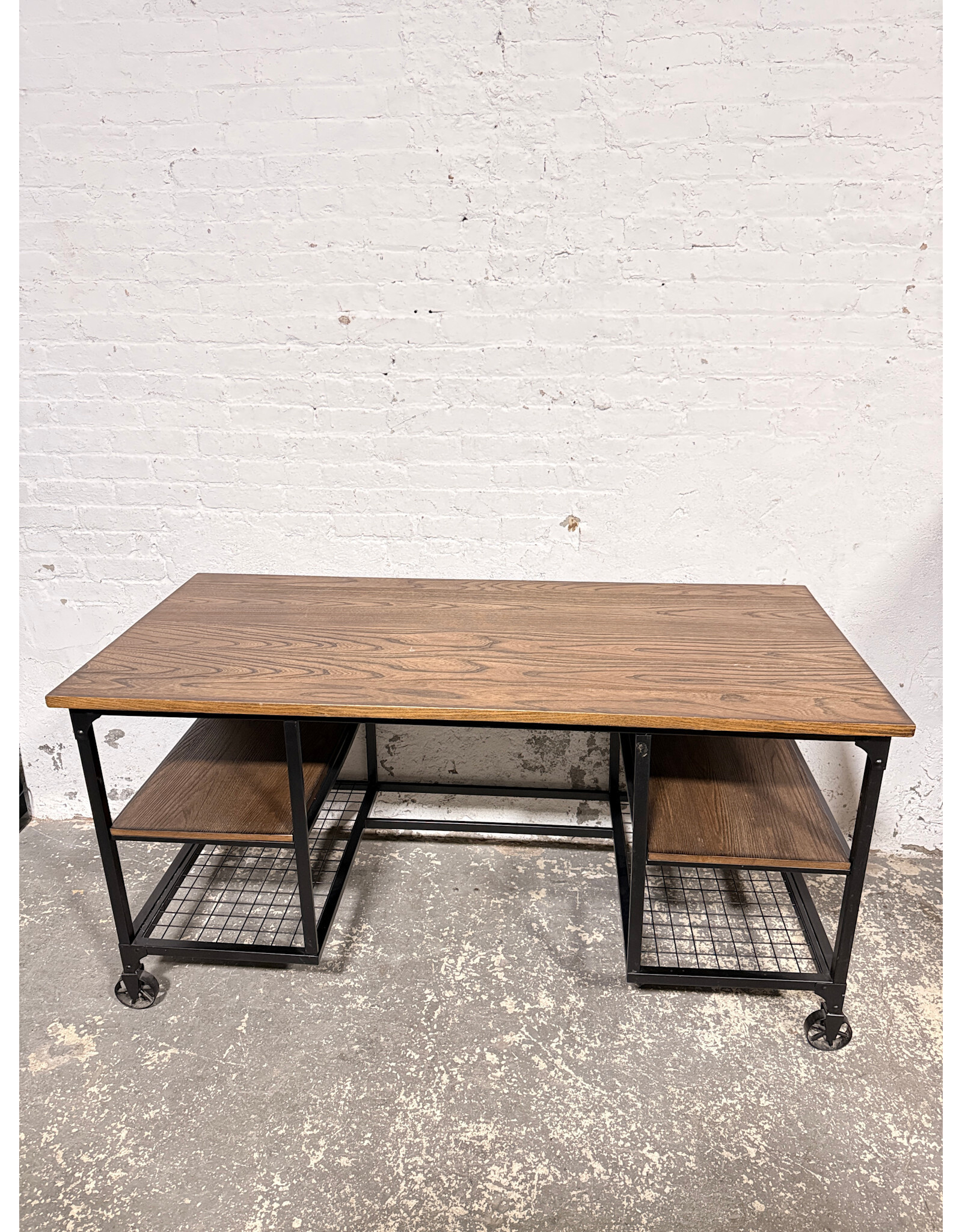 Modern Writing Desk with Casters, Rustic Finish