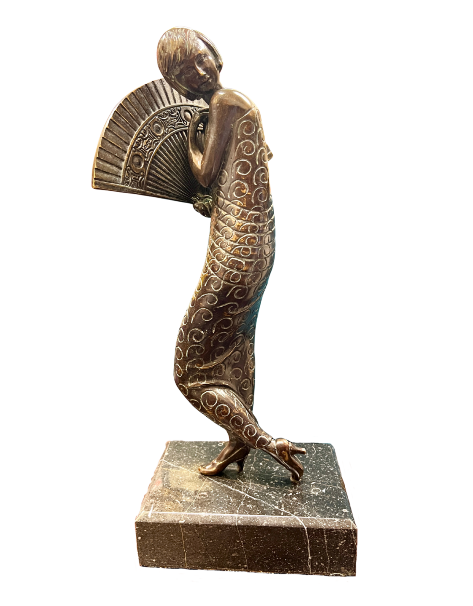 Dancer With Fan, Bronze and Marble Statue, After Alexandre Kelety