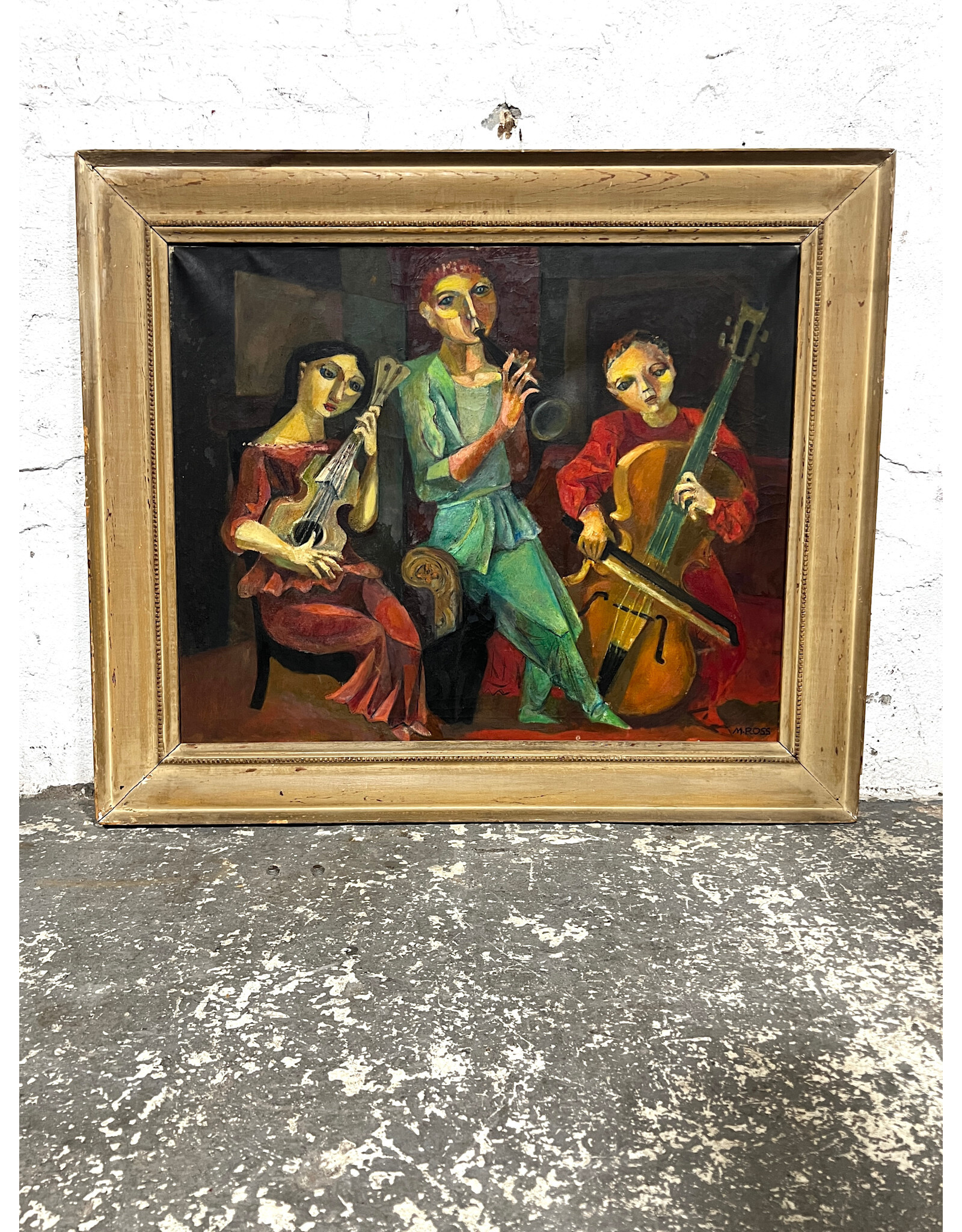 The Club (featuring a cat), framed oil on canvas, sgnd M. Ross