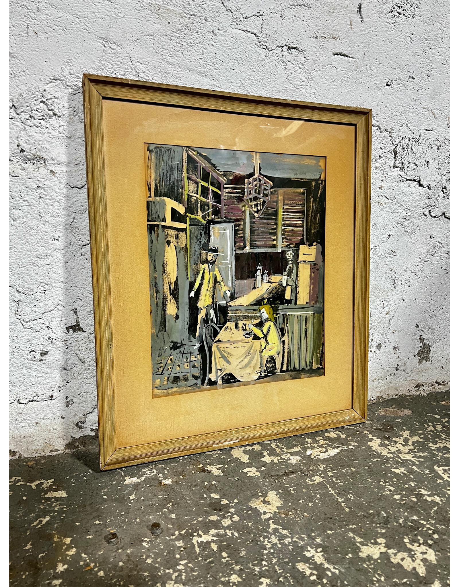 Hello Barkeep, framed mixed media, sgnd M. Ross, 1950