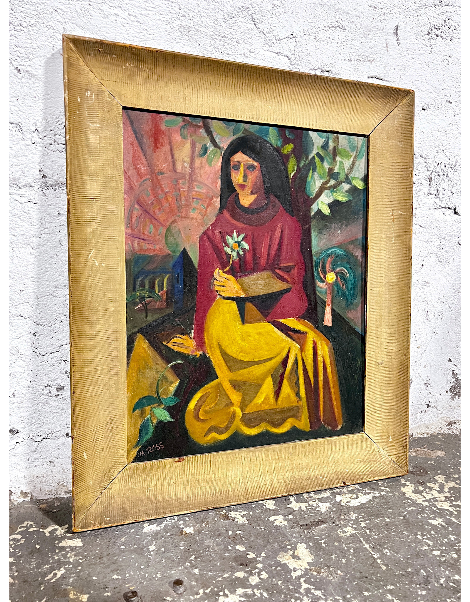 Woman with Daisy, framed oil on board, sgnd M. Ross