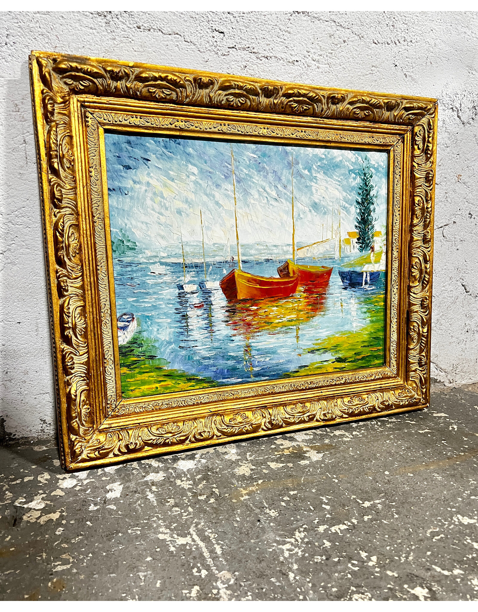 After Monet's Red Boats, framed painting on canvas