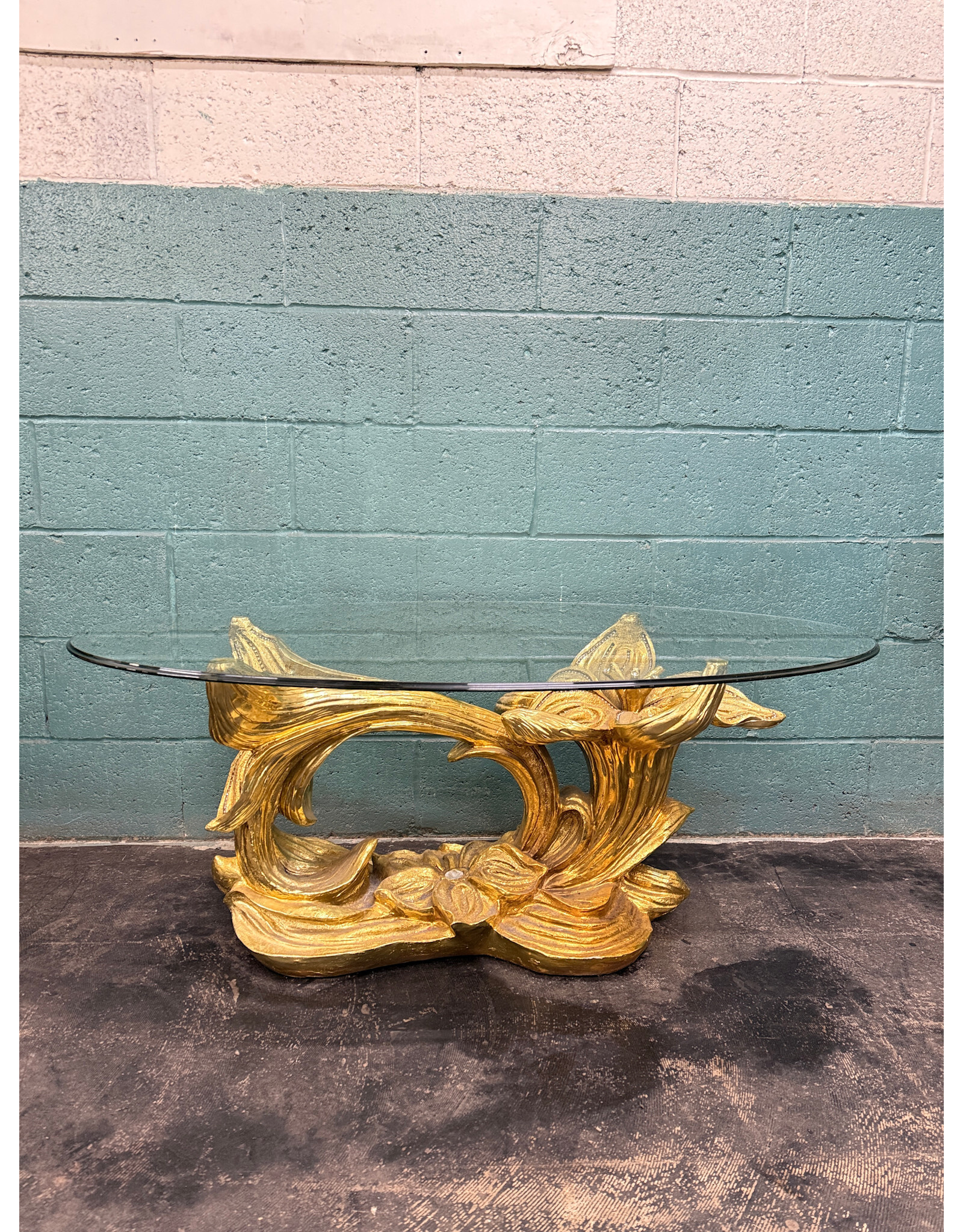 Gold Floral Vintage Hollywood Regency Style Glass Coffee Table