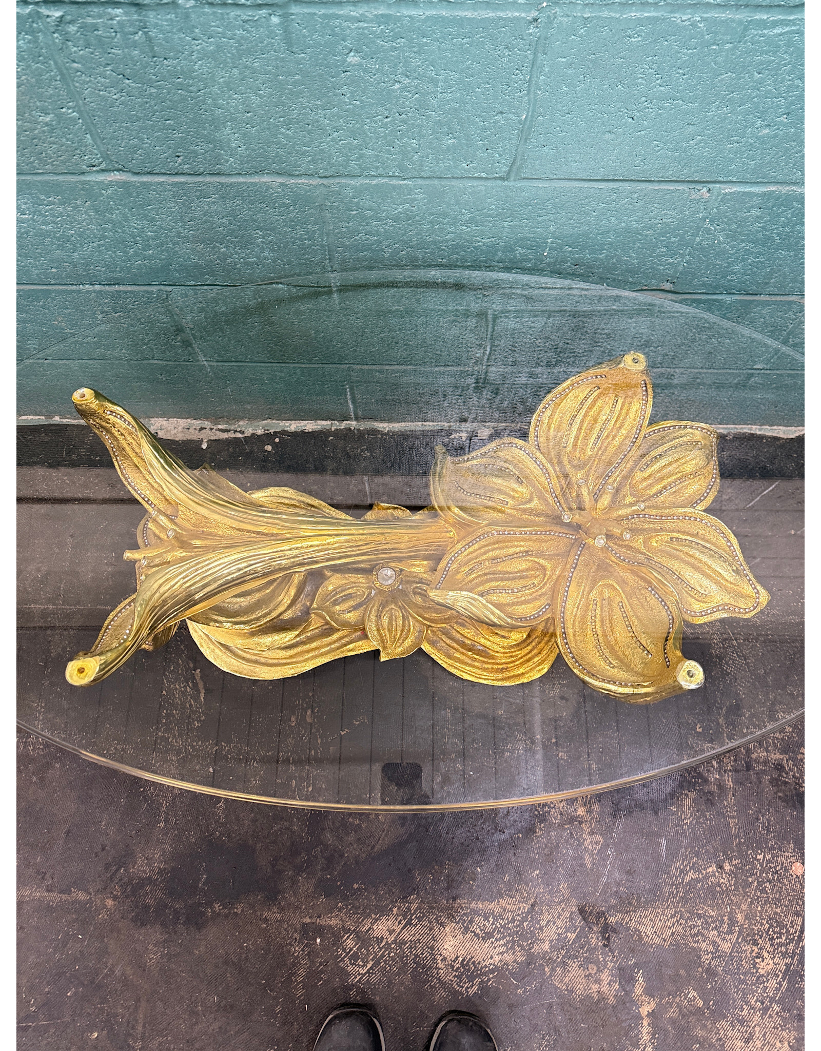 Gold Floral Vintage Hollywood Regency Style Glass Coffee Table
