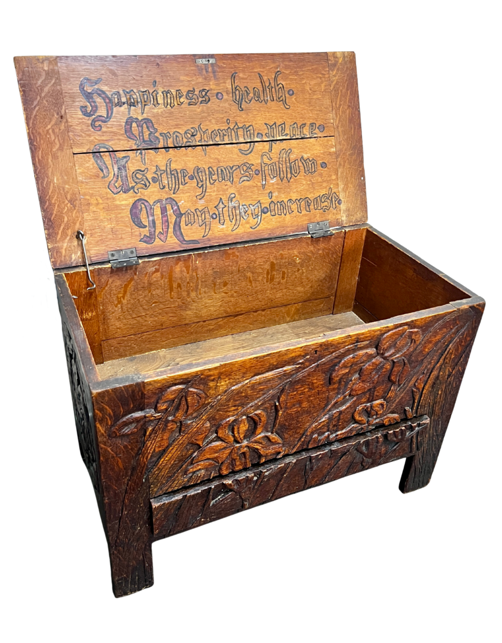 Arts and Crafts Carved Oak Chest with Drawer