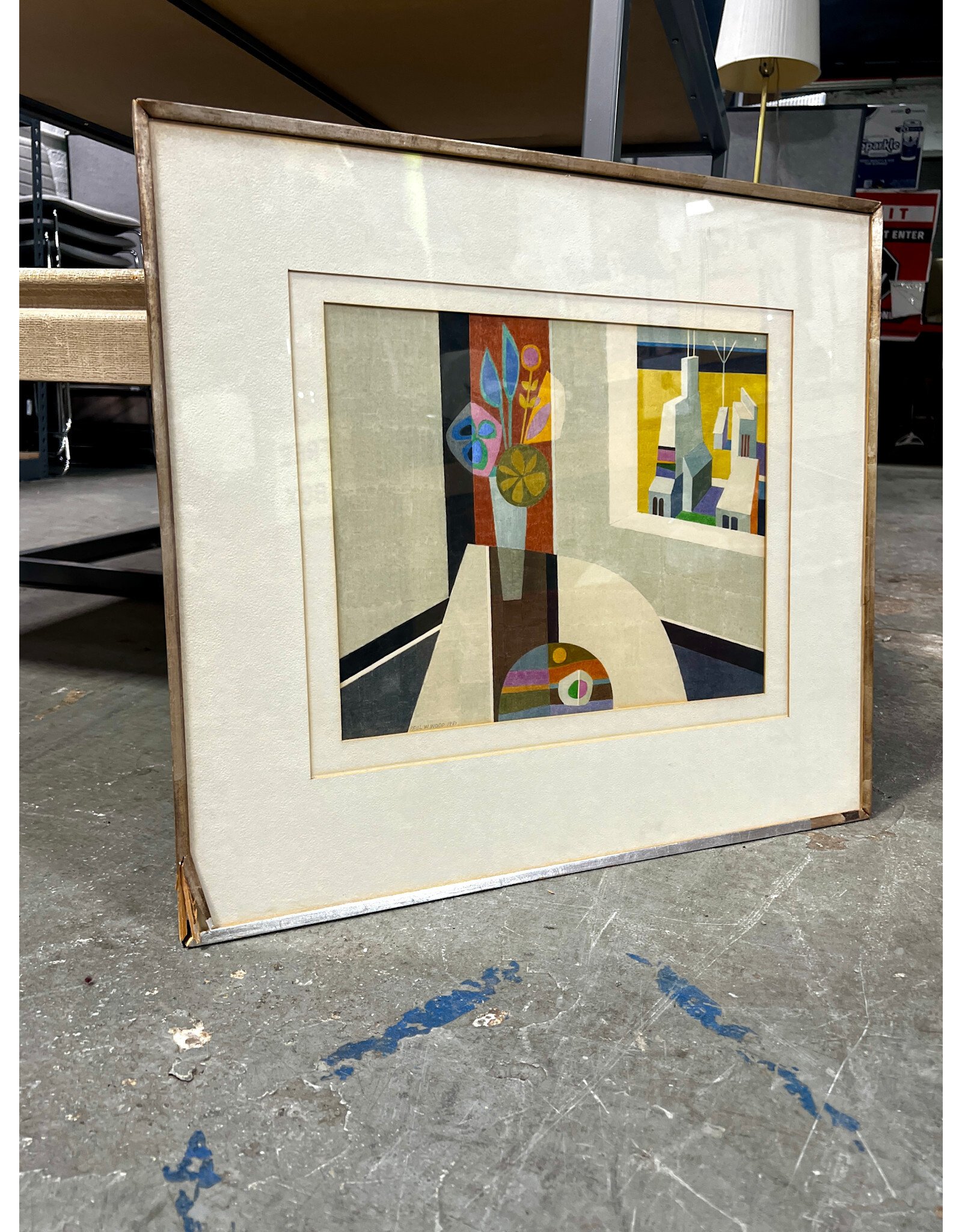 Interior with Cityview, framed watercolor painting, sgnd Paul Winthrop Wood