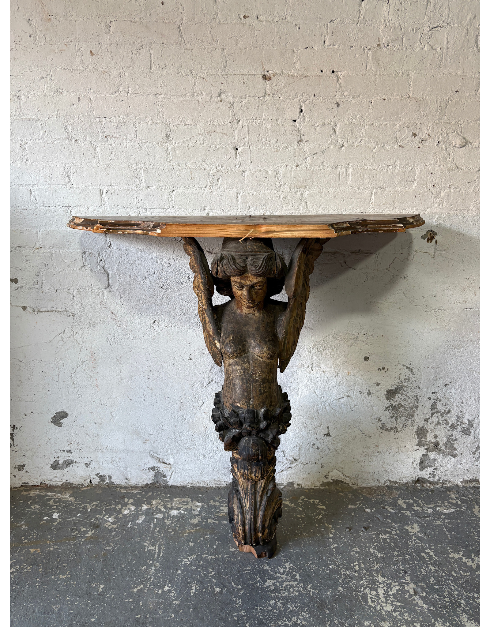 Antique Carved Wooden Angel Console Table