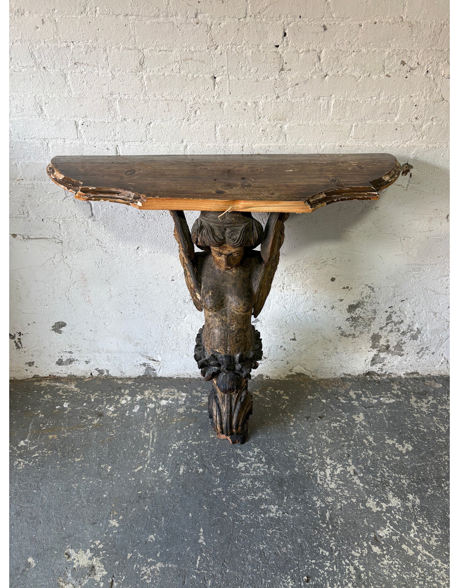 Antique Carved Wooden Angel Console Table