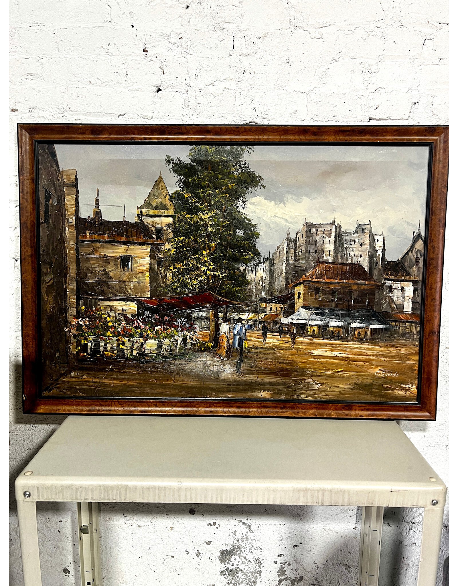 Flower Market on the Corner, framed oil on canvas, sgnd C. Socido