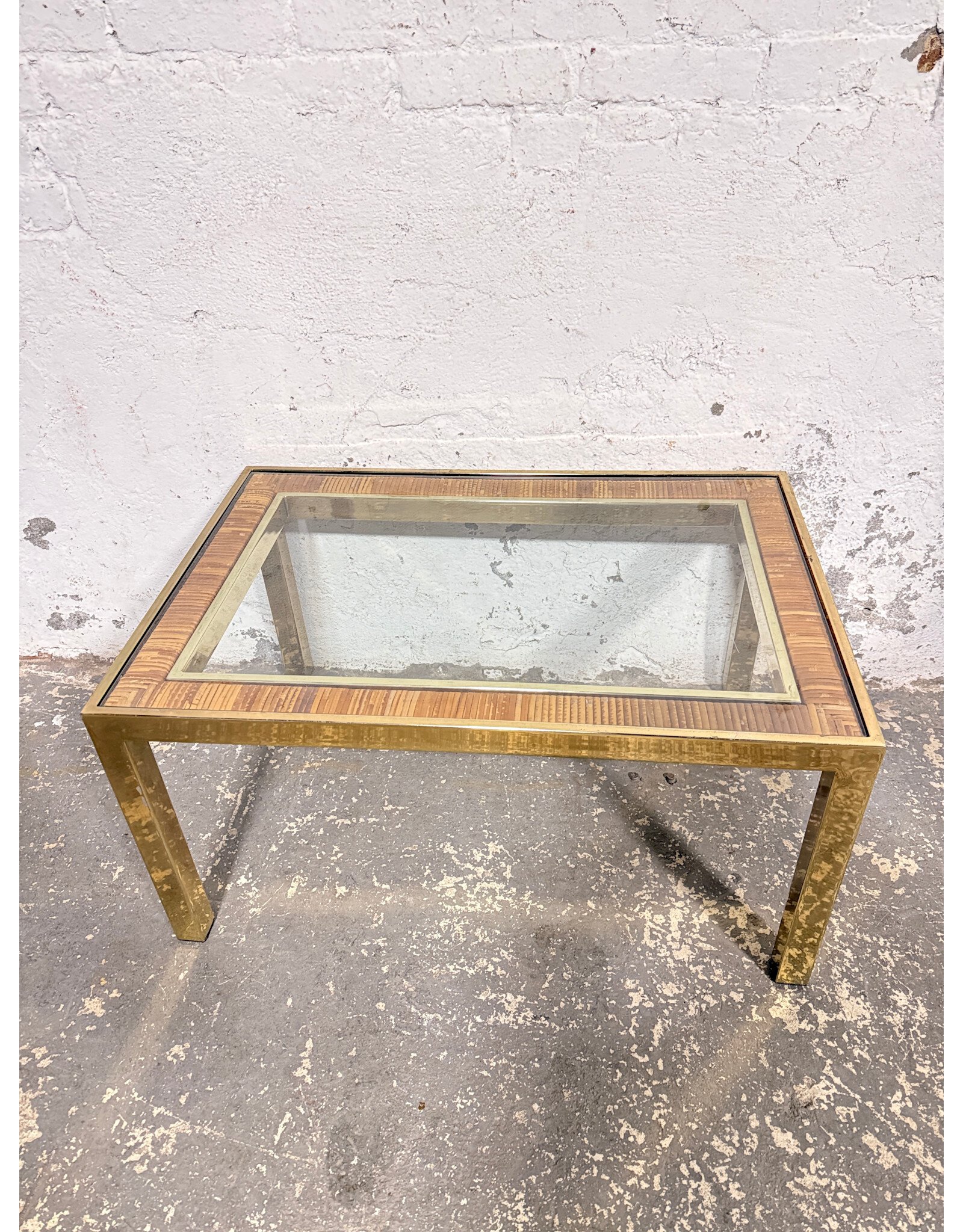 Vintage MCM Brass Metal and Rattan Coffee Table