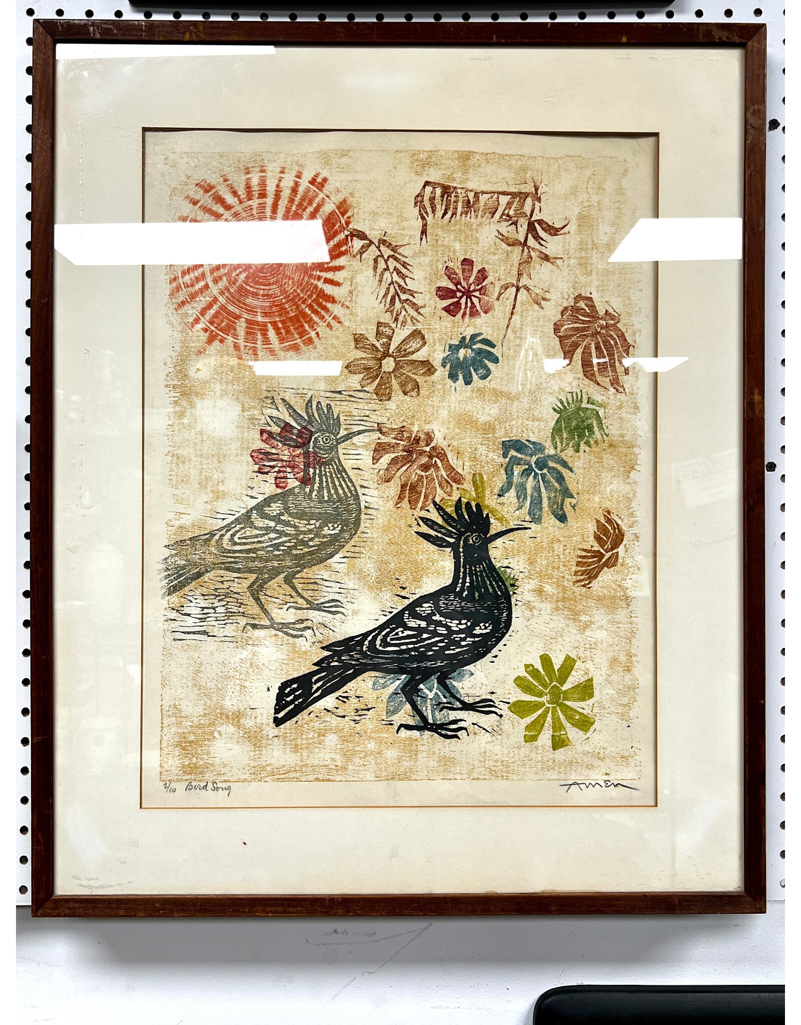 Bird Song, framed woodblock print, sgnd AMER, 2/10