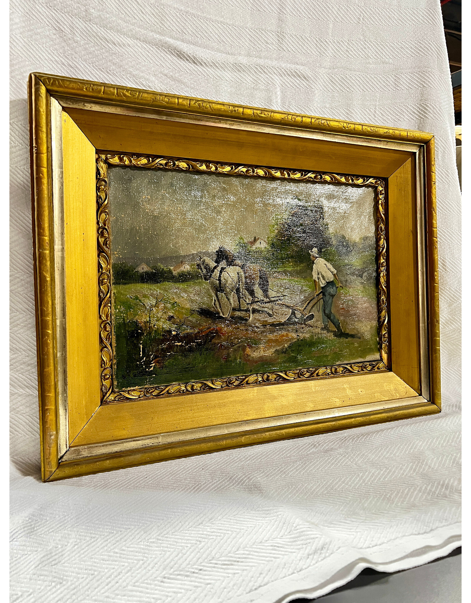 Working The Land, framed oil on canvas