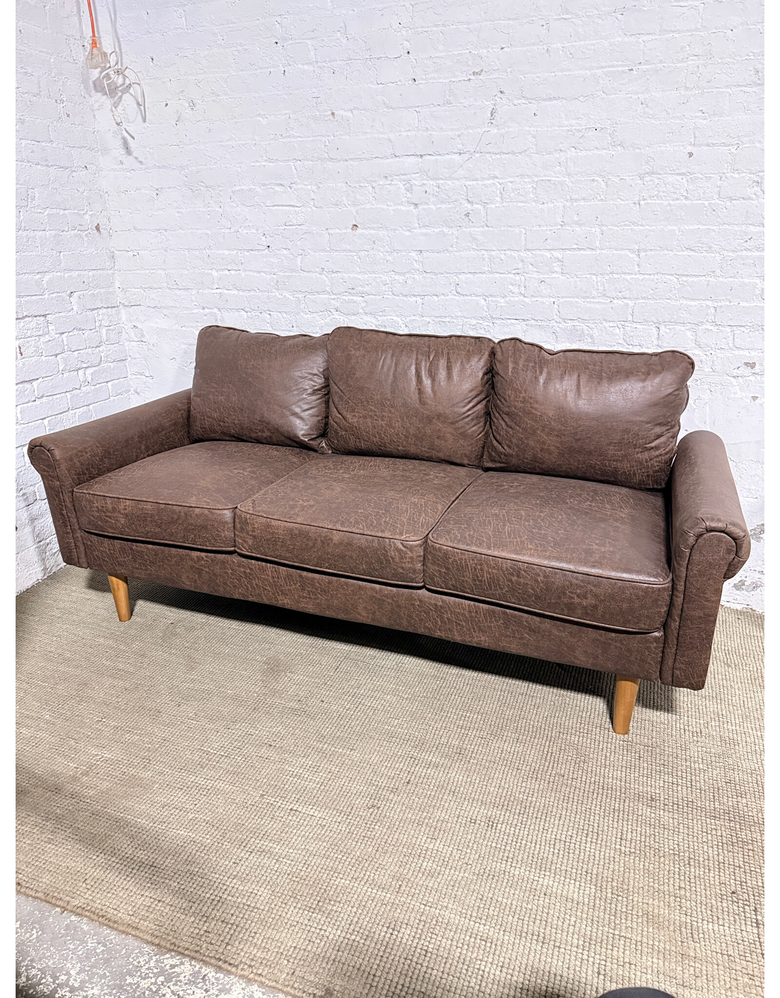 Mid-Century Modern Style Dark Chocolate Brown Faux Leather Sofa