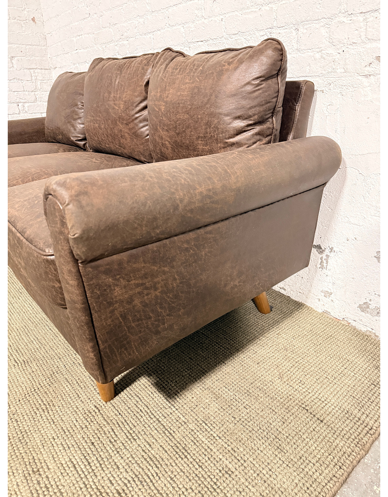 Mid-Century Modern Style Dark Chocolate Brown Faux Leather Sofa