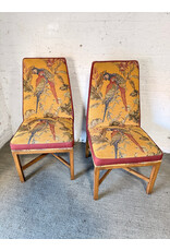 PS Vintage Style Upholstered Yellow Fabric Feat Colorful Parrot Motif Dining Chair