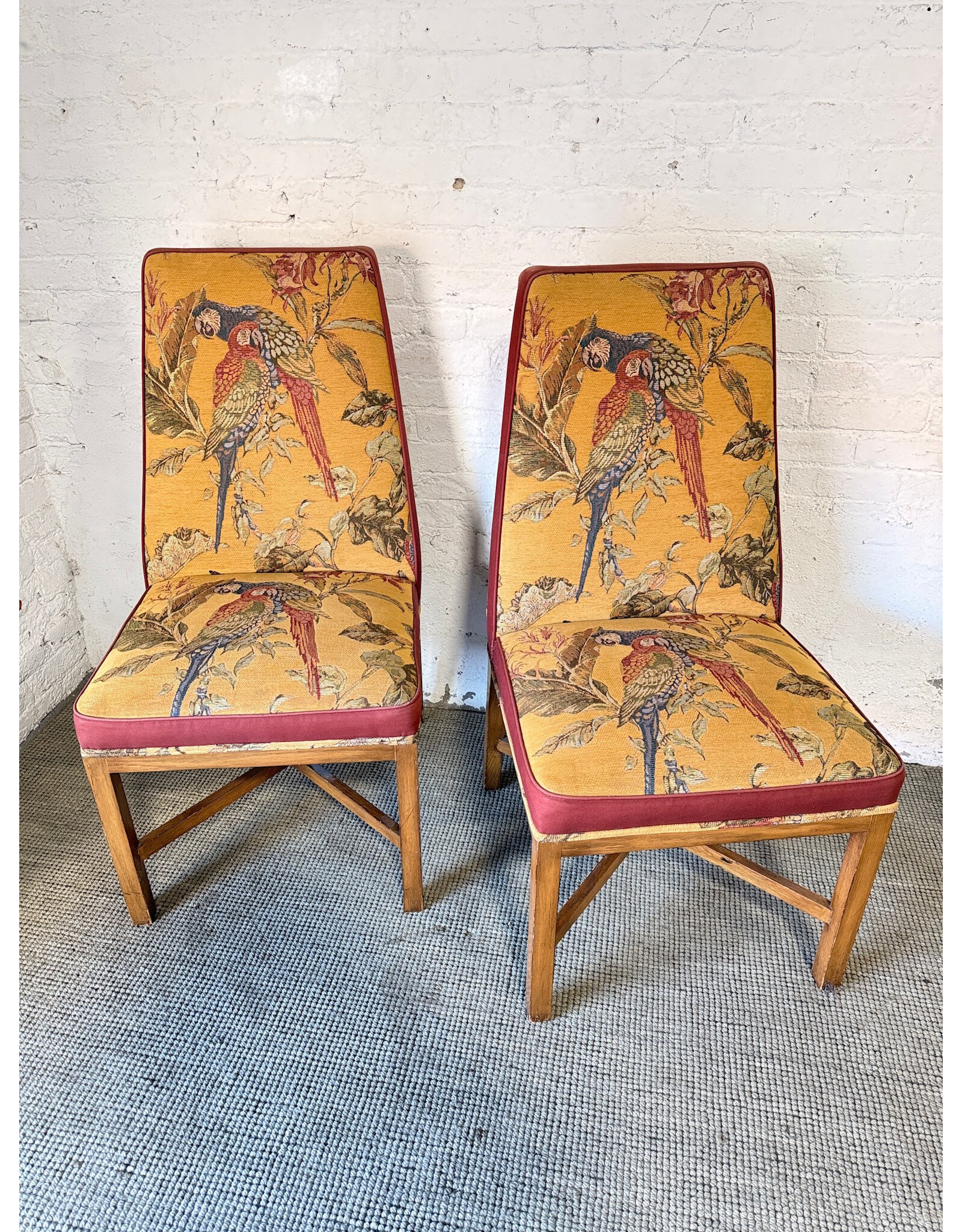 PS Vintage Style Upholstered Yellow Fabric Feat Colorful Parrot Motif Dining Chair