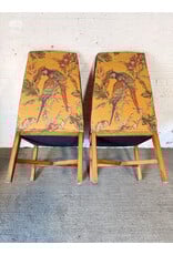 PS Vintage Style Upholstered Yellow Fabric Feat Colorful Parrot Motif Dining Chair