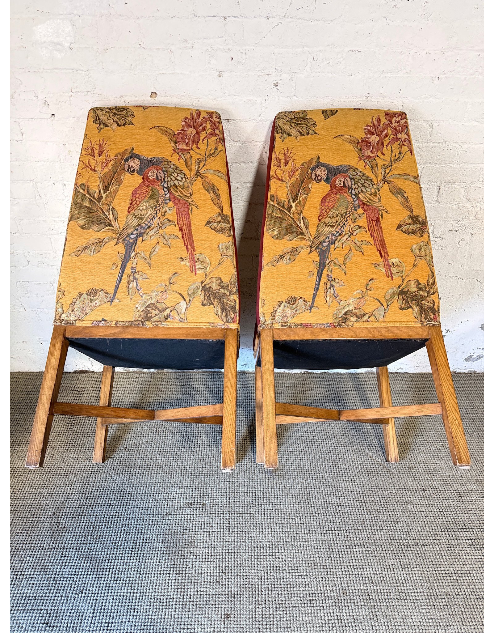 PS Vintage Style Upholstered Yellow Fabric Feat Colorful Parrot Motif Dining Chair