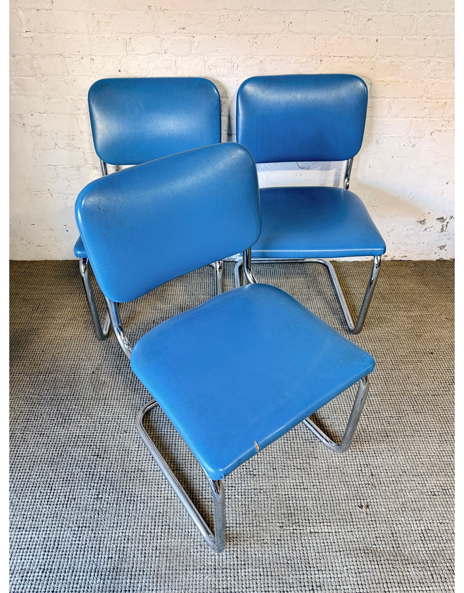 Mid-Century Modern Thonet Cantilevered Chrome Chairs with Blue Vinyl Upholstery