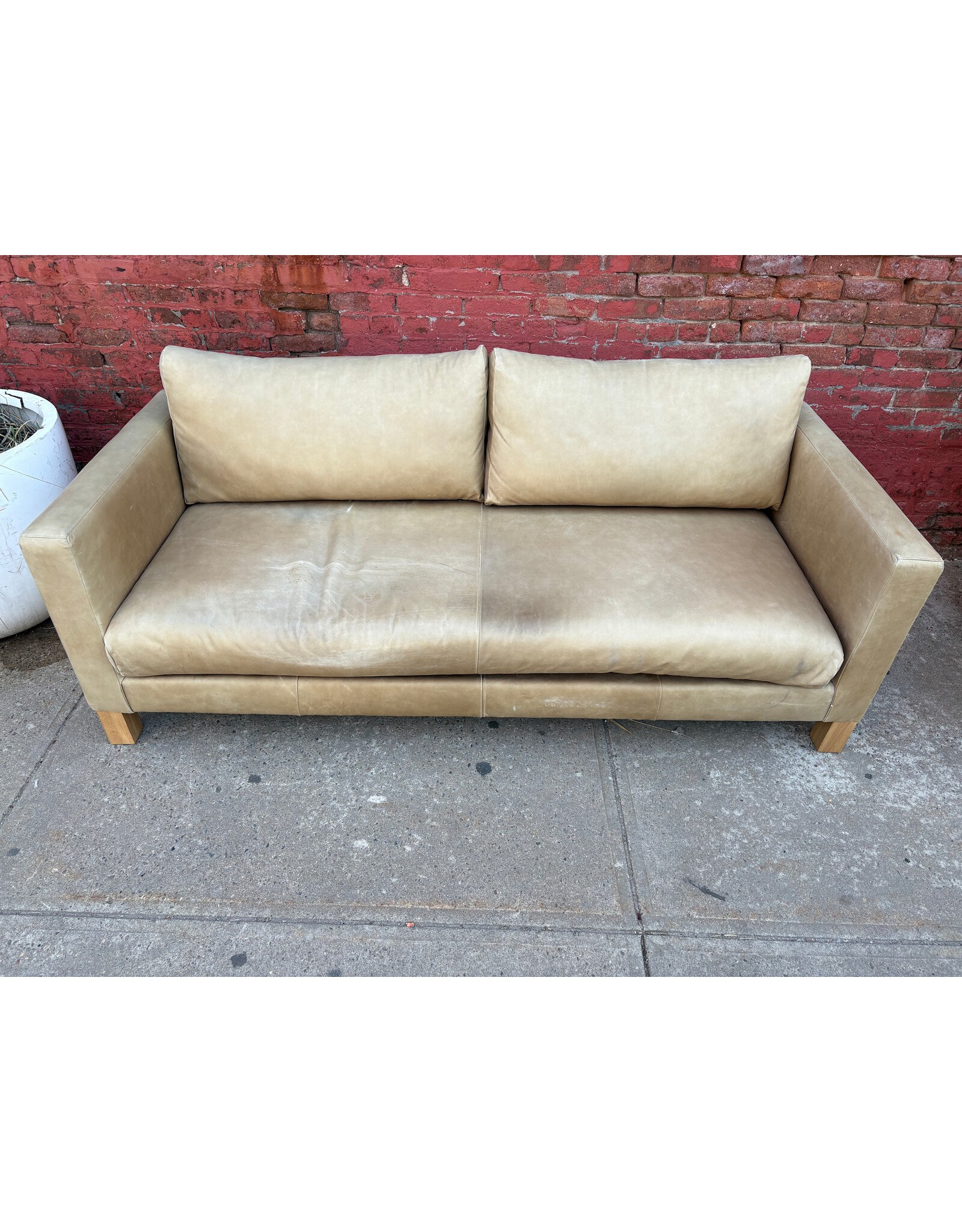 Crate & Barrel Pacific Wood Base Leather Sofa