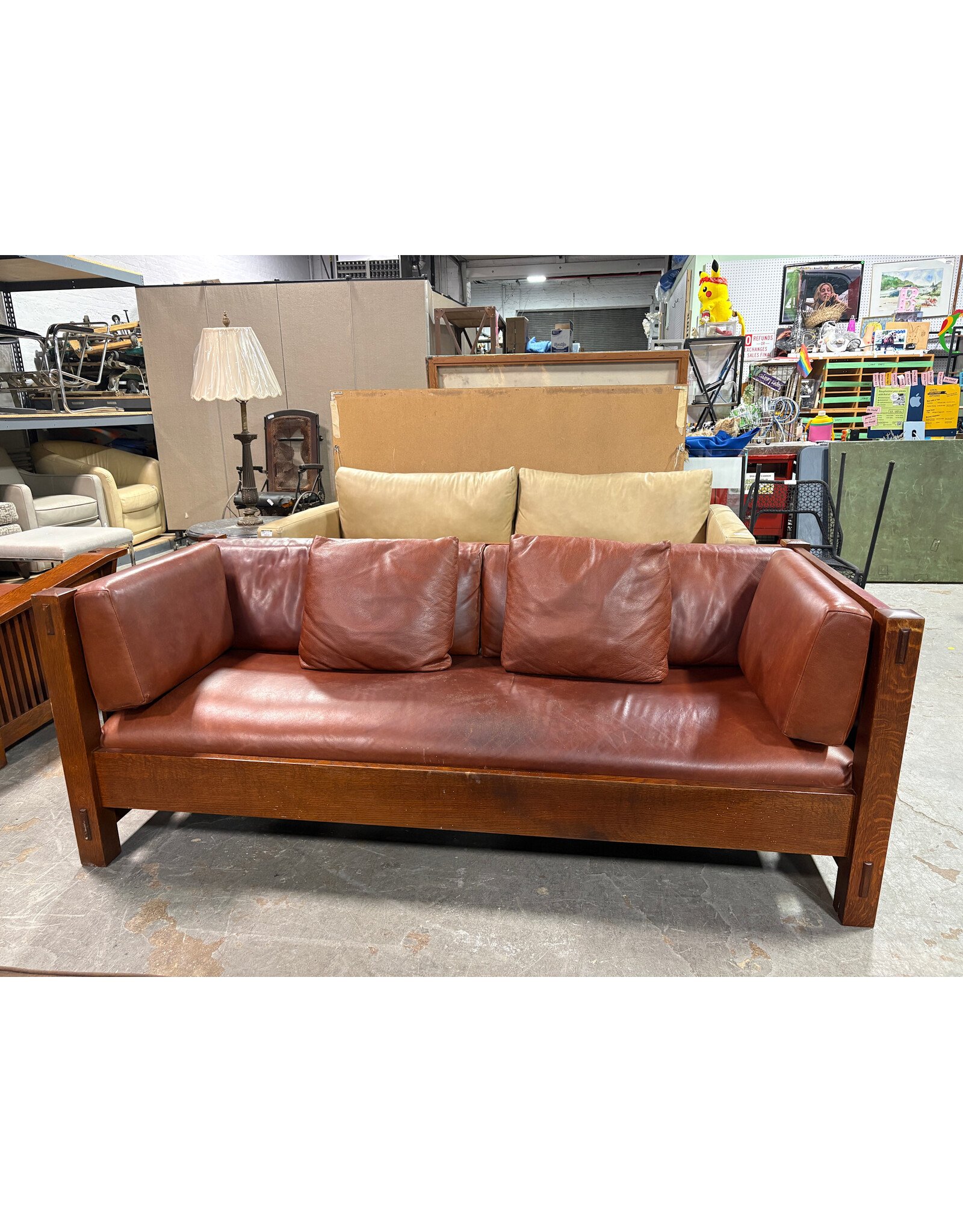 Stickley Arts and Crafts Style Bench with Leather Cushions