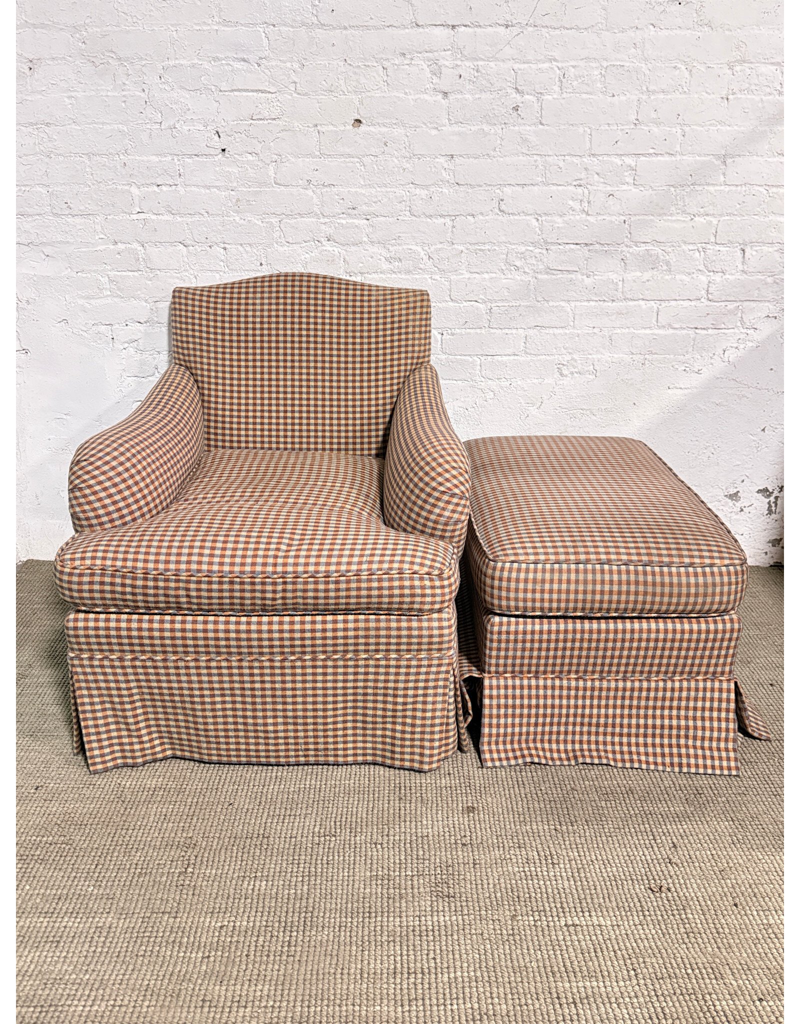 Vintage Edward Ferrell Red & Blue Checkered Armchair & Ottoman Lounge Set