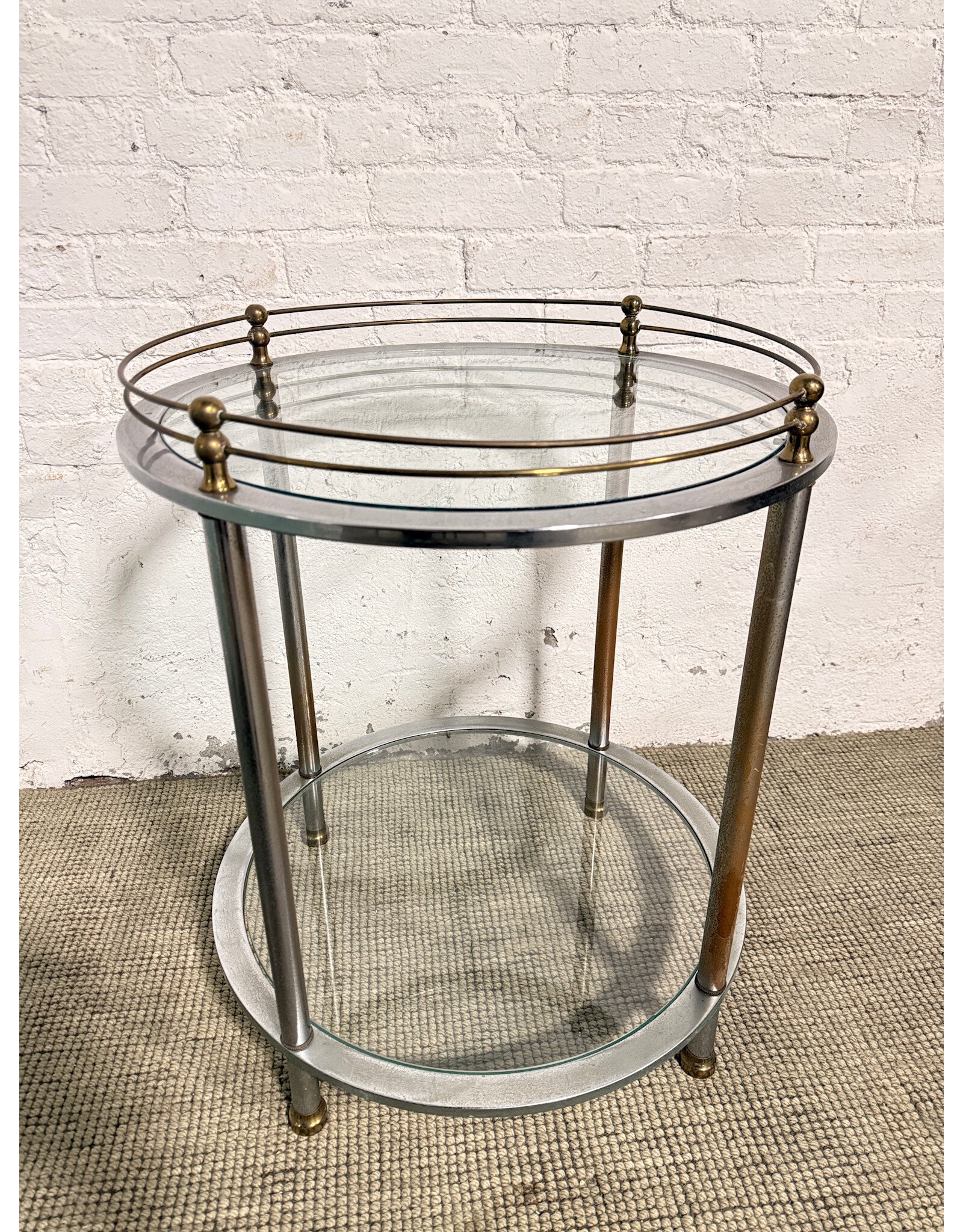 Vintage Italian-Style Bar Cart with Round Metal Frame & Glass Shelves