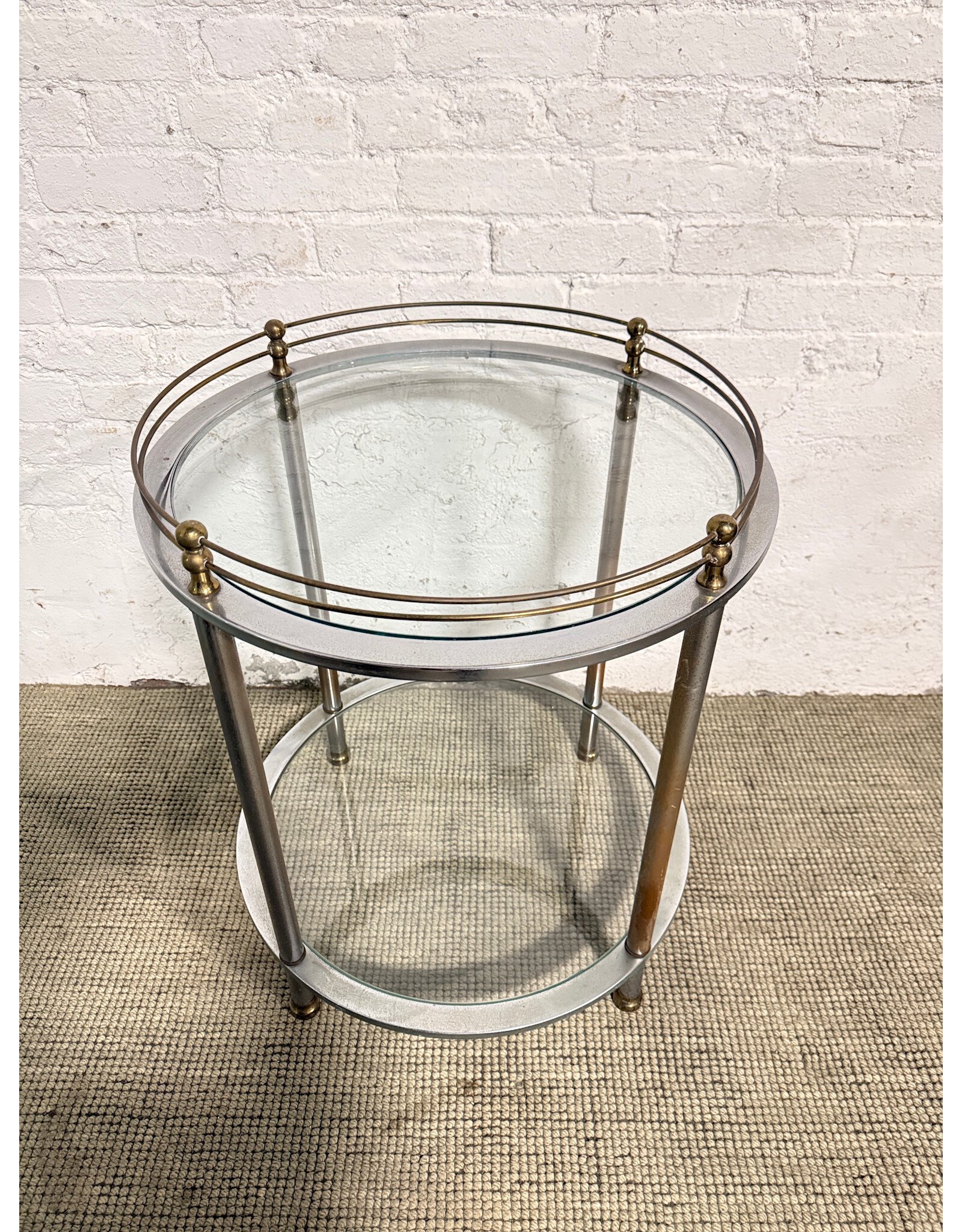 Vintage Italian-Style Bar Cart with Round Metal Frame & Glass Shelves