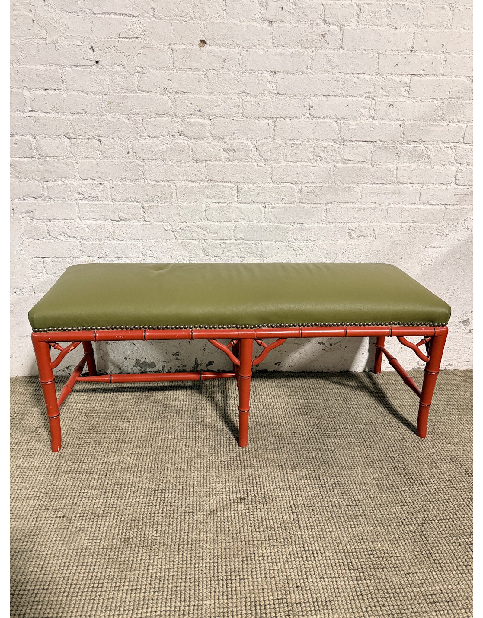 Vintage Style Faux Bamboo Upholstered Bench