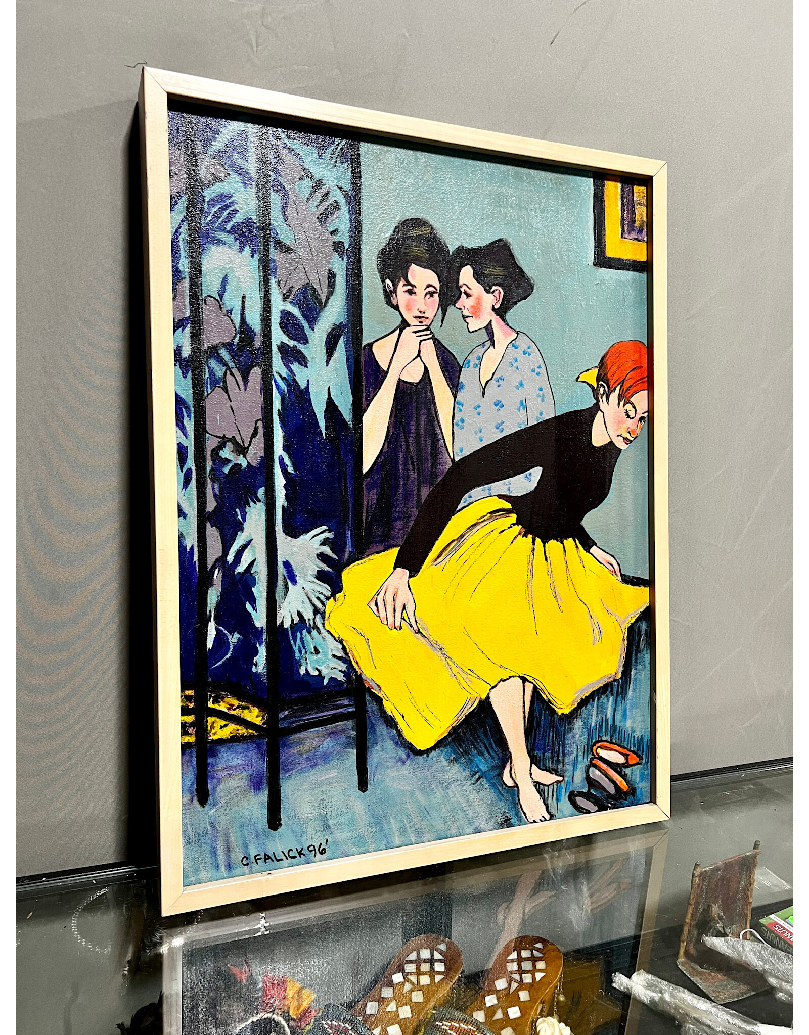 Three Women-Inspired by Malcolm Liepke, framed painting, sgnd C. Falik '96