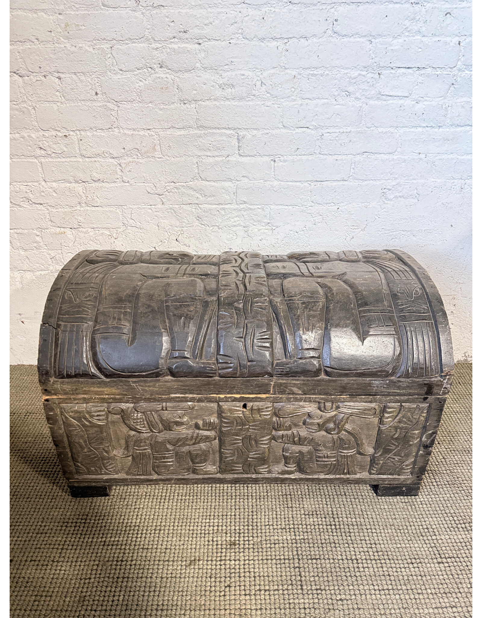 Vintage Meso American Bas Relief Carved Cedar Wood Trunk