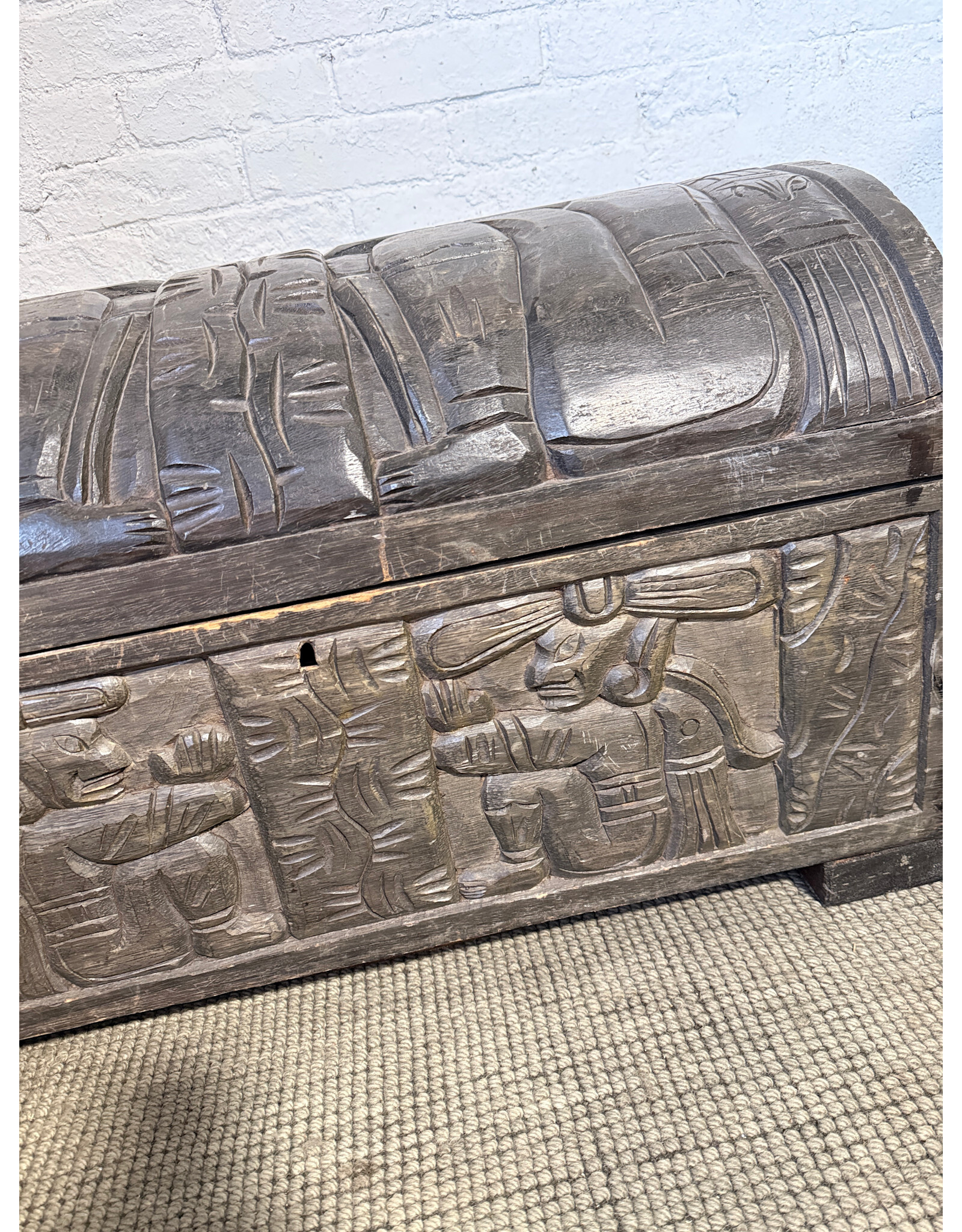 Vintage Meso American Bas Relief Carved Cedar Wood Trunk