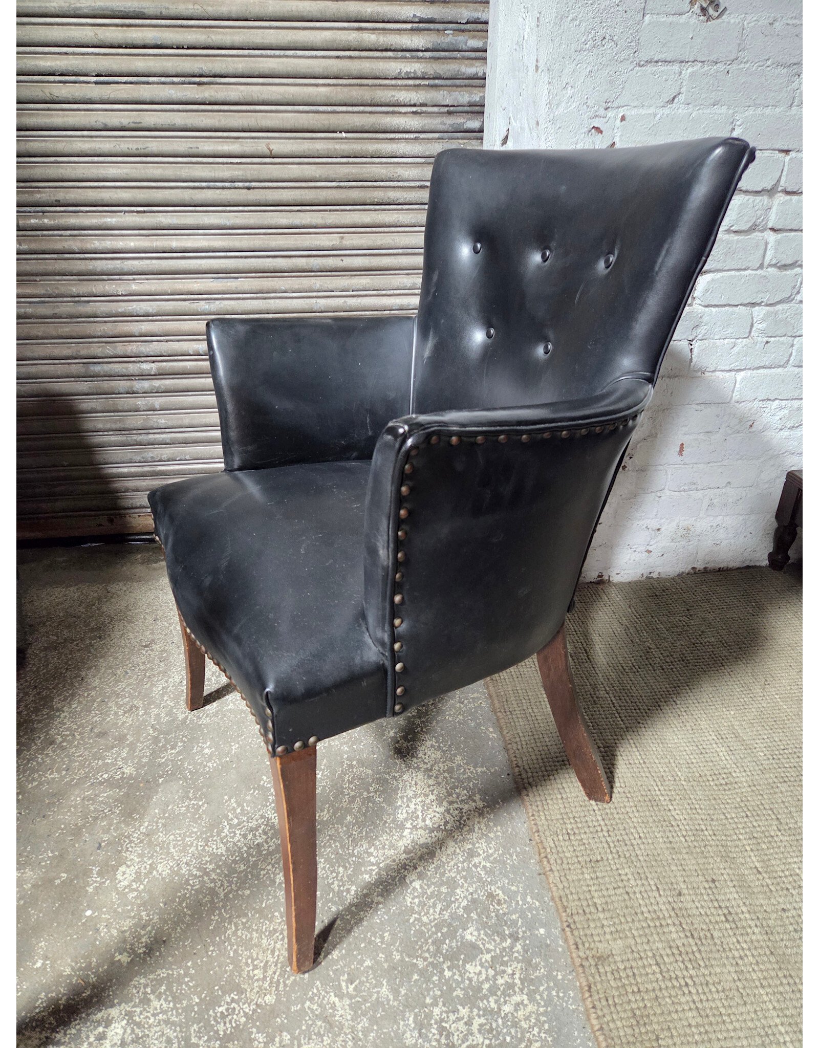 Vintage Black Leather Upholstered Nailhead Armchair