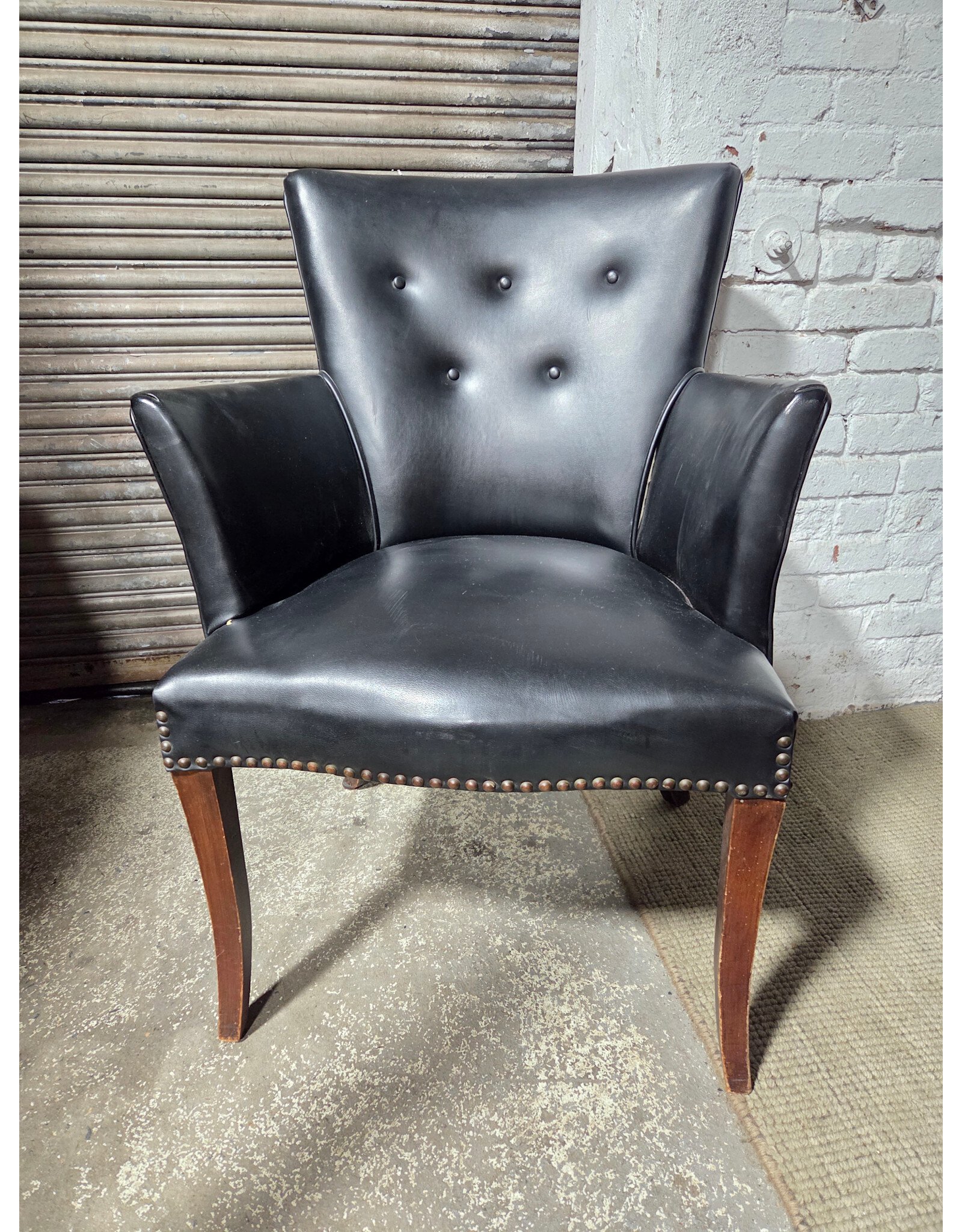 Vintage Black Leather Upholstered Nailhead Armchair