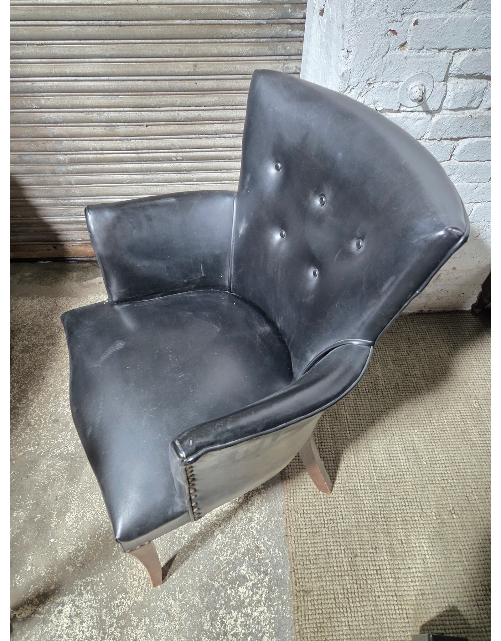 PS Vintage Black Leather Upholstered Nailhead Armchair