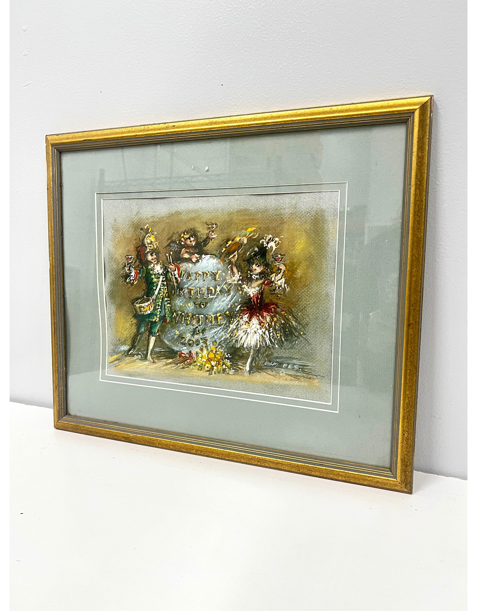 Happy Birthday to Whitney, framed mixed media, sgnd Desmond Heeley