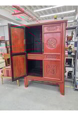 Antique Late Qing Bas Relief Carved Two Door Red Lacquer Armoire
