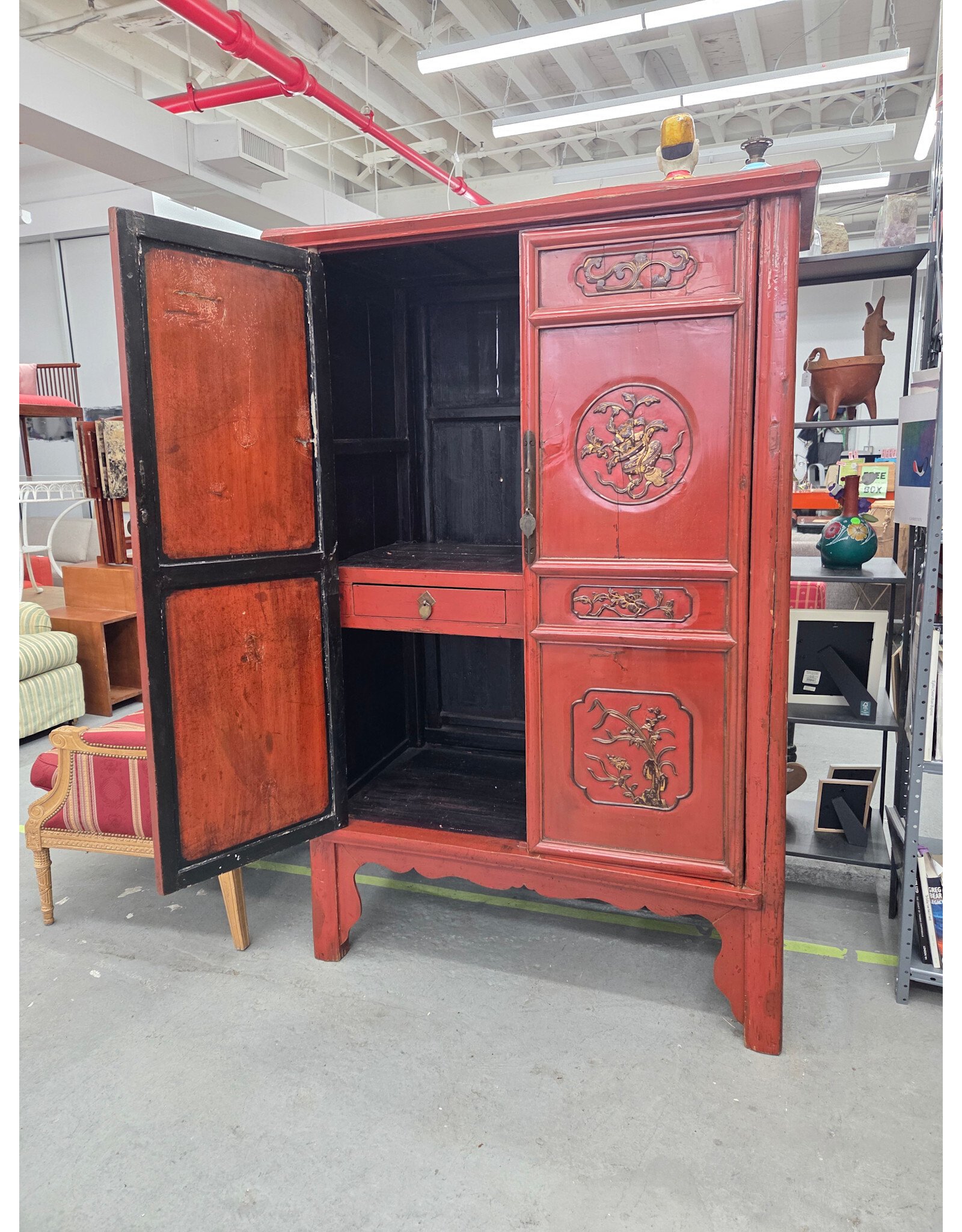 Antique Late Qing Bas Relief Carved Two Door Red Lacquer Armoire