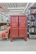 Antique Late Qing Bas Relief Carved Two Door Red Lacquer Armoire