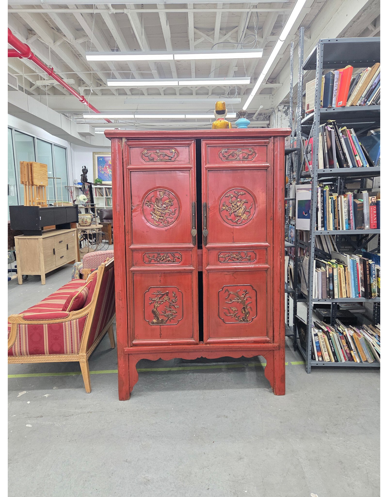 Antique Late Qing Bas Relief Carved Two Door Red Lacquer Armoire
