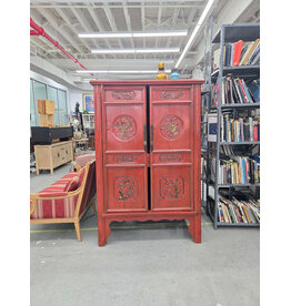 Antique Late Qing Bas Relief Carved Two Door Red Lacquer Armoire