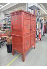 Antique Late Qing Bas Relief Carved Two Door Red Lacquer Armoire