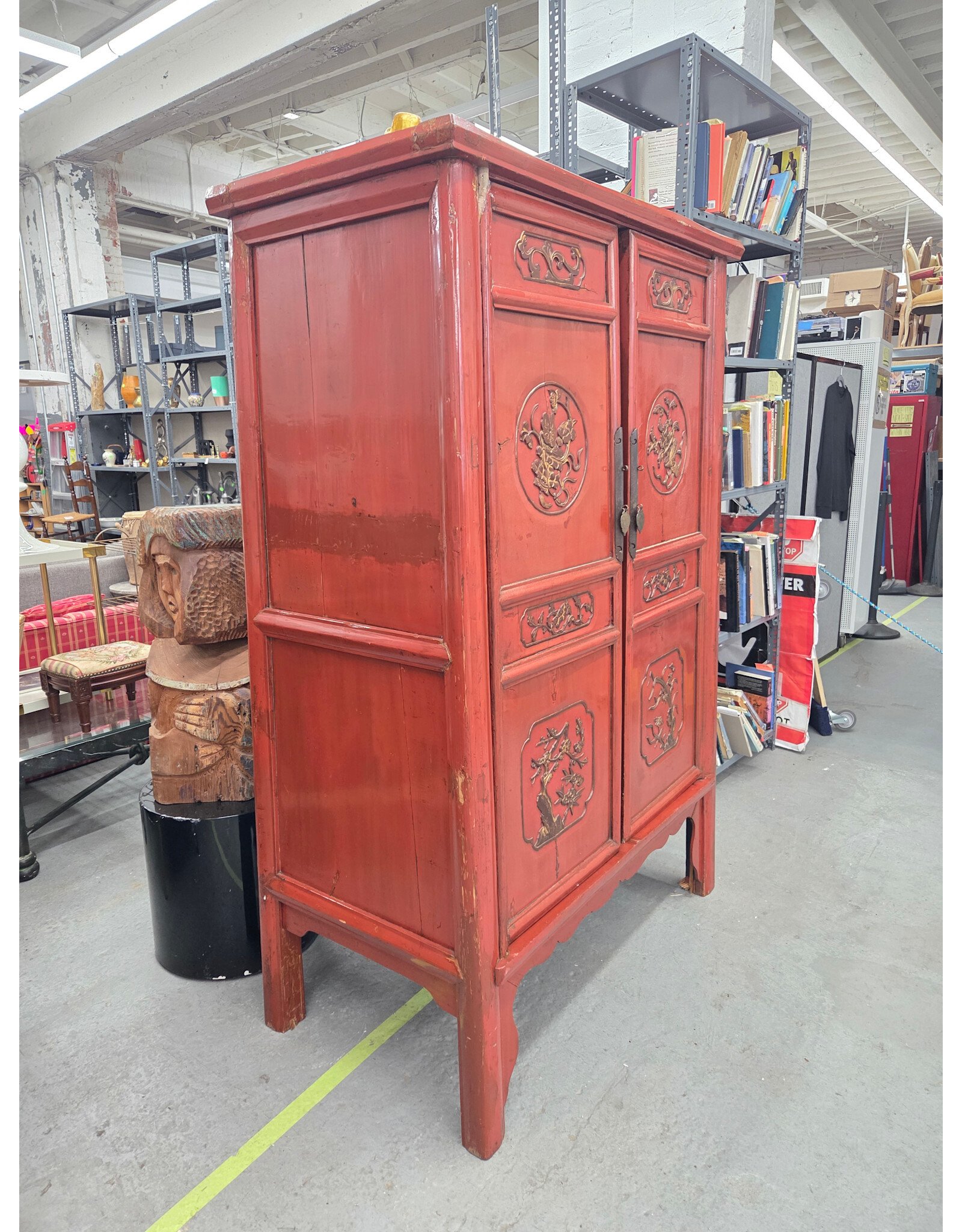 Antique Late Qing Bas Relief Carved Two Door Red Lacquer Armoire